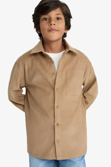 قميص بولو ولادي ردن طويل مخمل مضلع قصة عادية