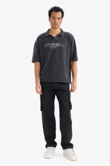 Loose Fit Polo Yaka Baskılı Kısa Kollu Tişört