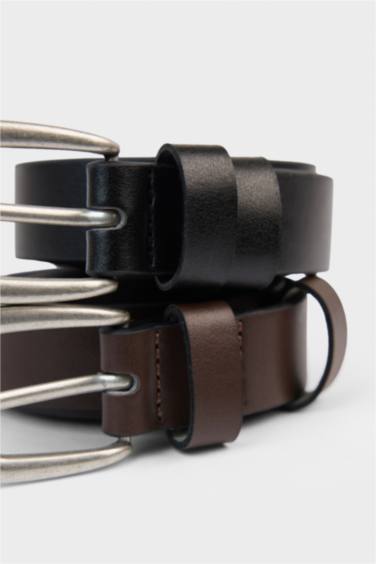 Erkek Oval Toka Suni Deri 2'li Klasik Kemer