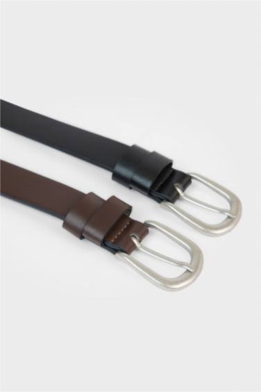 Erkek Oval Toka Suni Deri 2'li Klasik Kemer