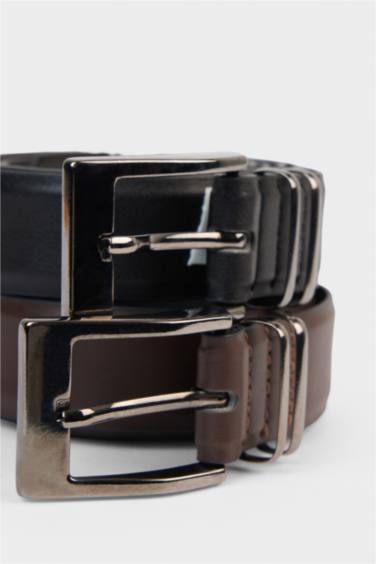 Erkek Dikdörtgen Toka Suni Deri 2'li Klasik Kemer