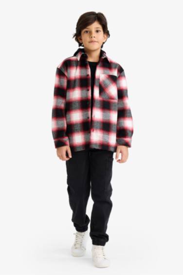 قميص كاروهات ولادي ردن طويل فلانيل اوفر سايز بغطاء للرأس