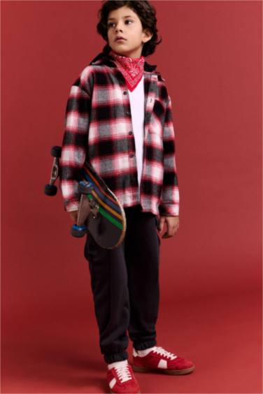 Erkek Çocuk Oversize Geniş Kalıp Kapüşonlu Ekose Desenli Flanel Uzun Kollu Gömlek