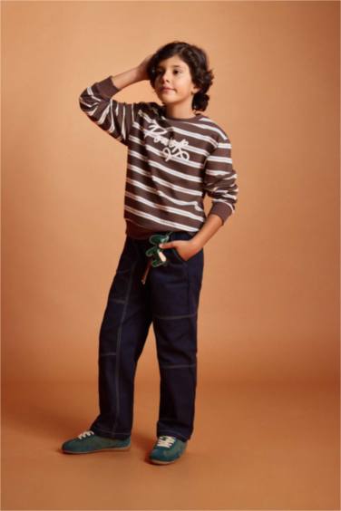 Erkek Çocuk 2'li Takım Çizgili Sweatshirt Jean Pantolon