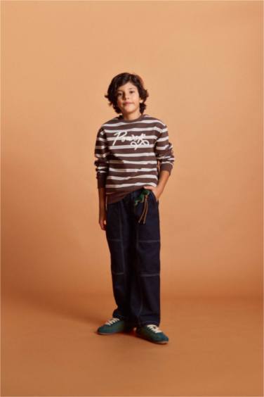 Erkek Çocuk 2'li Takım Çizgili Sweatshirt Jean Pantolon