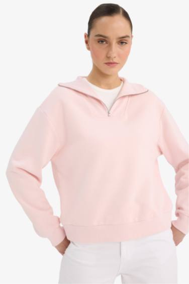 Regular Fit Yarım Fermuarlı Balıkçı Yaka Basic Düz Sweatshirt