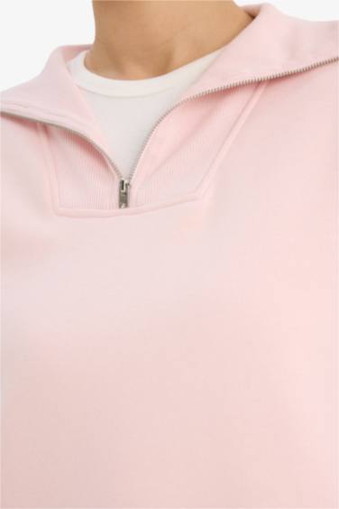 Regular Fit Yarım Fermuarlı Balıkçı Yaka Basic Düz Sweatshirt