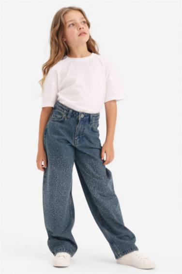 Kız Çocuk Baggy Fit Geniş Paça Taşlı Jean Pantolon