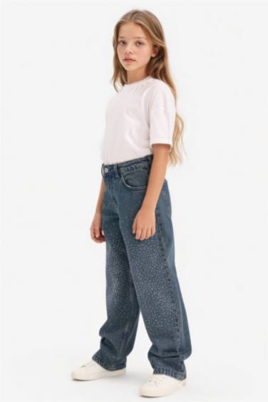 Kız Çocuk Baggy Fit Geniş Paça Taşlı Jean Pantolon
