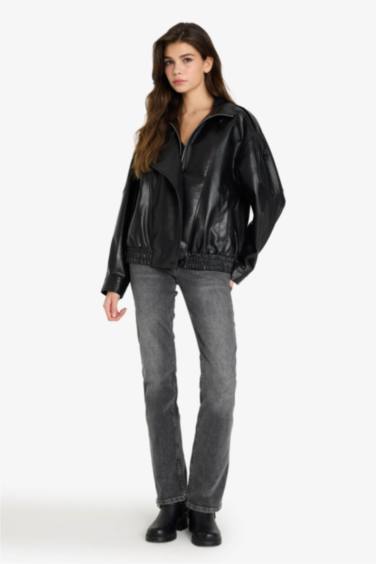 Dad Fit Dik Yaka Fermuarlı Suni Deri Ceket