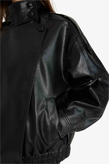 Dad Fit Dik Yaka Fermuarlı Suni Deri Ceket