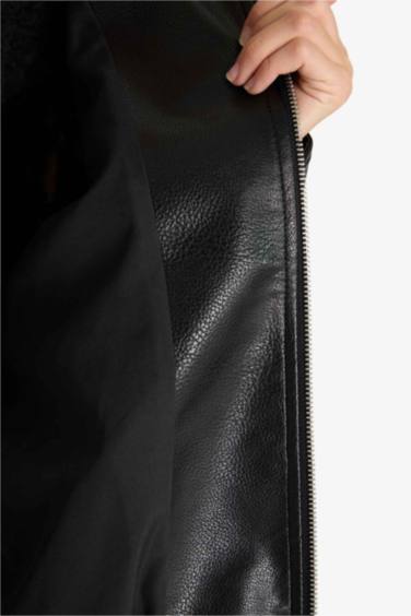 Dad Fit Dik Yaka Fermuarlı Suni Deri Ceket