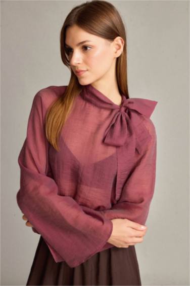Boyundan Bağlamalı Uzun Kollu Şifon Bluz