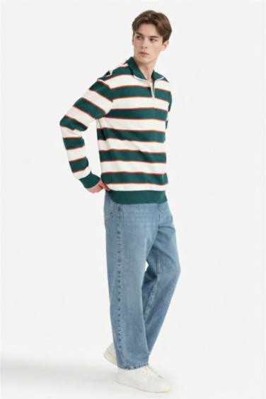 Boxy Fit Dik Yaka Yarım Fermuarlı Çizgili Sweatshirt