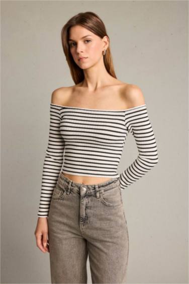 Omuz Açık Çizgili Uzun Kollu Bluz