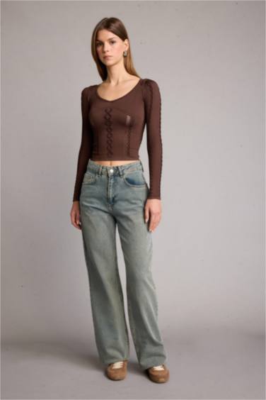 Fitted V Yaka Uzun Kollu Tişört