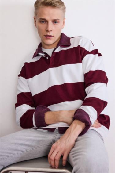 Boxy Fit Polo Yaka Çizgili Sweatshirt