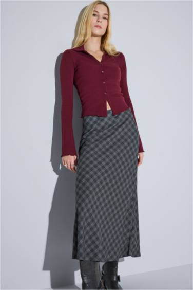 A Line Plaid Viscose High Waist Midi Skirt