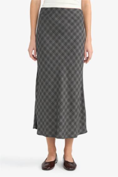 A Line Plaid Viscose High Waist Midi Skirt