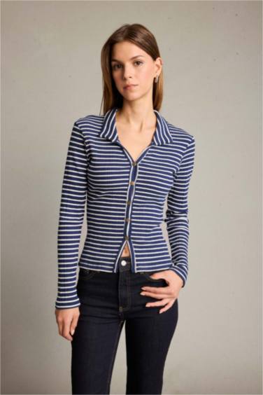 Polo Yaka Çizgili Uzun Kollu Tişört