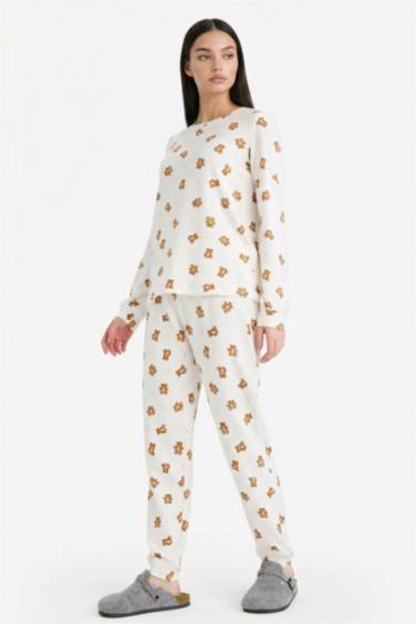 Pijama Takımı Regular Fit Ayıcık Desenli Uzun Kollu Üst Uzun Alt