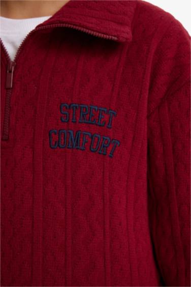 Erkek Çocuk Oversize Geniş Kalıp Yarım Fermuarlı Baskılı Jakarlı Sweatshirt