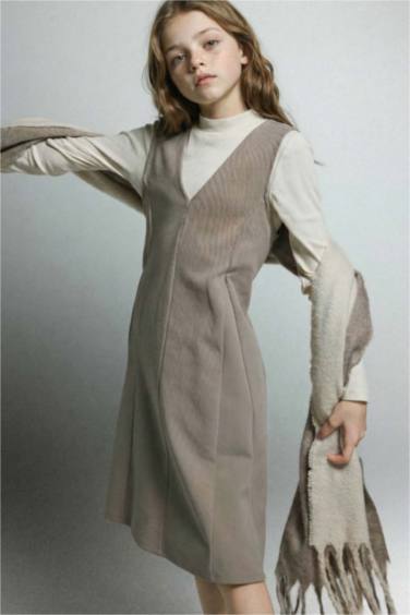 Kız Çocuk 2'li Takım V Yaka Kolsuz Elbise Uzun Kollu Tişört