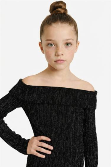 Yılbaşı Temalı 2'li Takım Simli Kumaş Omzu Açık Bluz Pantolon Kız Çocuk