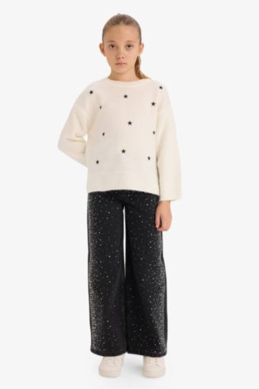 بلوز صوف بناتي مطرز قصة عادية بياخة مستديرة