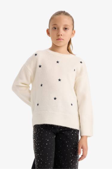 بلوز صوف بناتي مطرز قصة عادية بياخة مستديرة