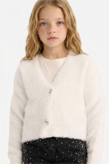 Girl Soft Textured Bow Button Cardigan