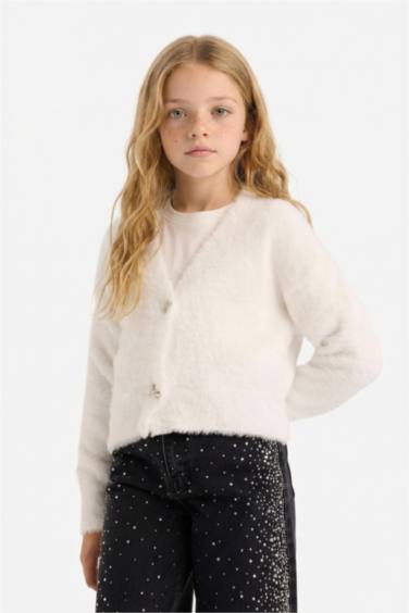 Girl Soft Textured Bow Button Cardigan