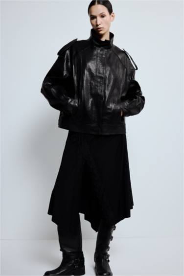 %100 Deri Oversize Geniş Kalıp Dik Yaka Fermuarlı Mont