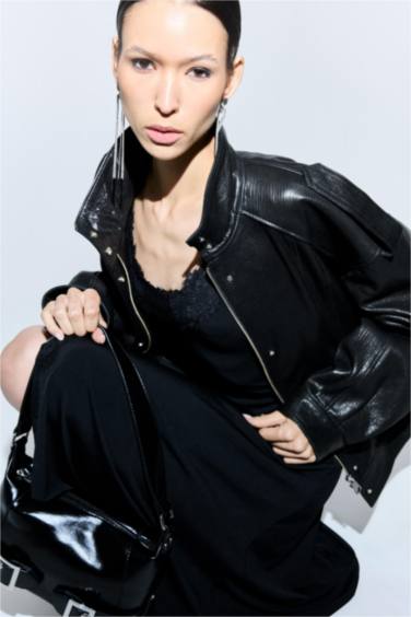 %100 Deri Oversize Geniş Kalıp Dik Yaka Fermuarlı Mont