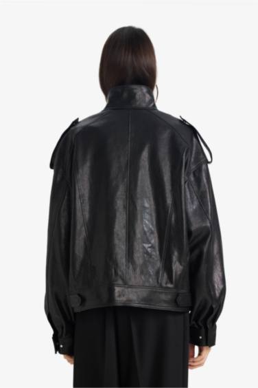 %100 Deri Oversize Geniş Kalıp Dik Yaka Fermuarlı Mont