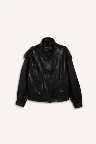 %100 Deri Oversize Geniş Kalıp Dik Yaka Fermuarlı Mont