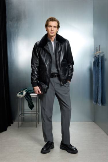 %100 Deri Premium Modern Fit Polo Yaka Astarlı Fermuarlı Mont