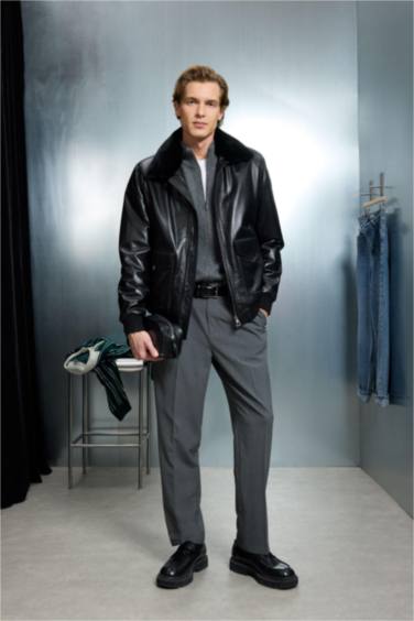 %100 Deri Premium Modern Fit Polo Yaka Astarlı Fermuarlı Mont