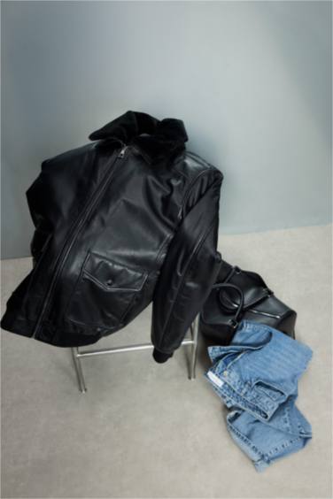 %100 Deri Premium Modern Fit Polo Yaka Astarlı Fermuarlı Mont