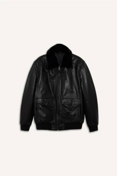 %100 Deri Premium Modern Fit Polo Yaka Astarlı Fermuarlı Mont