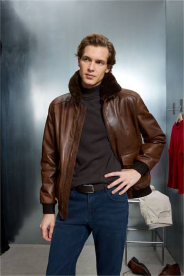 %100 Deri Premium Modern Fit Polo Yaka Astarlı Fermuarlı Mont