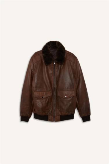 %100 Deri Premium Modern Fit Polo Yaka Astarlı Fermuarlı Mont