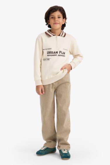 Erkek Çocuk Polo Yaka Baskılı İçi Yumuşak Tüylü Sweatshirt