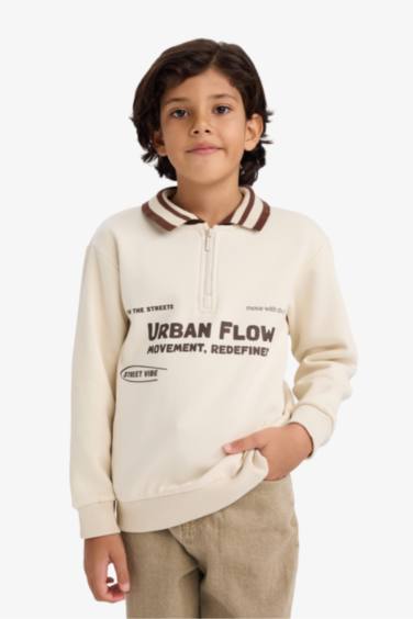 Erkek Çocuk Polo Yaka Baskılı İçi Yumuşak Tüylü Sweatshirt