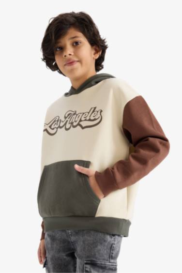 Oversize Geniş Kalıp Kapüşonlu Baskılı İçi Yumuşak Tüylü Sweatshirt Erkek Çocuk