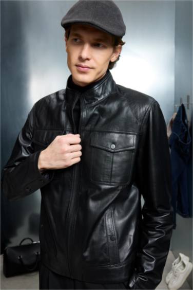 %100 Deri Premium Slim Fit Dar Kesim Dik Yaka Astarlı Fermuarlı Mont