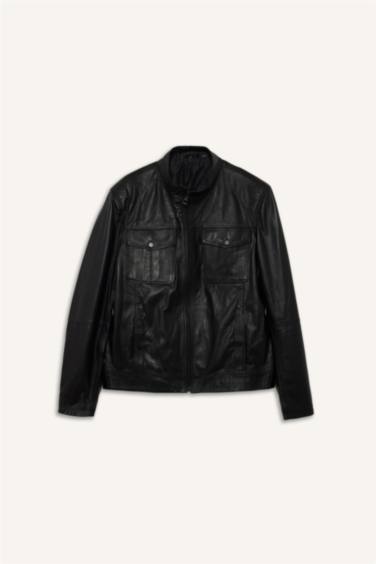 %100 Deri Premium Slim Fit Dar Kesim Dik Yaka Astarlı Fermuarlı Mont