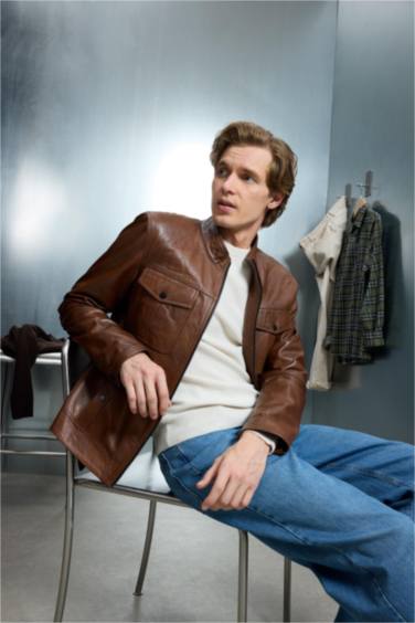 %100 Deri Premium Slim Fit Dar Kesim Dik Yaka Astarlı Fermuarlı Mont