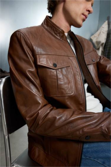 %100 Deri Premium Slim Fit Dar Kesim Dik Yaka Astarlı Fermuarlı Mont