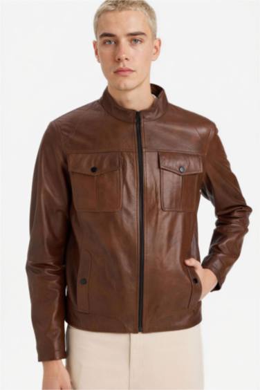 %100 Deri Premium Slim Fit Dar Kesim Dik Yaka Astarlı Fermuarlı Mont